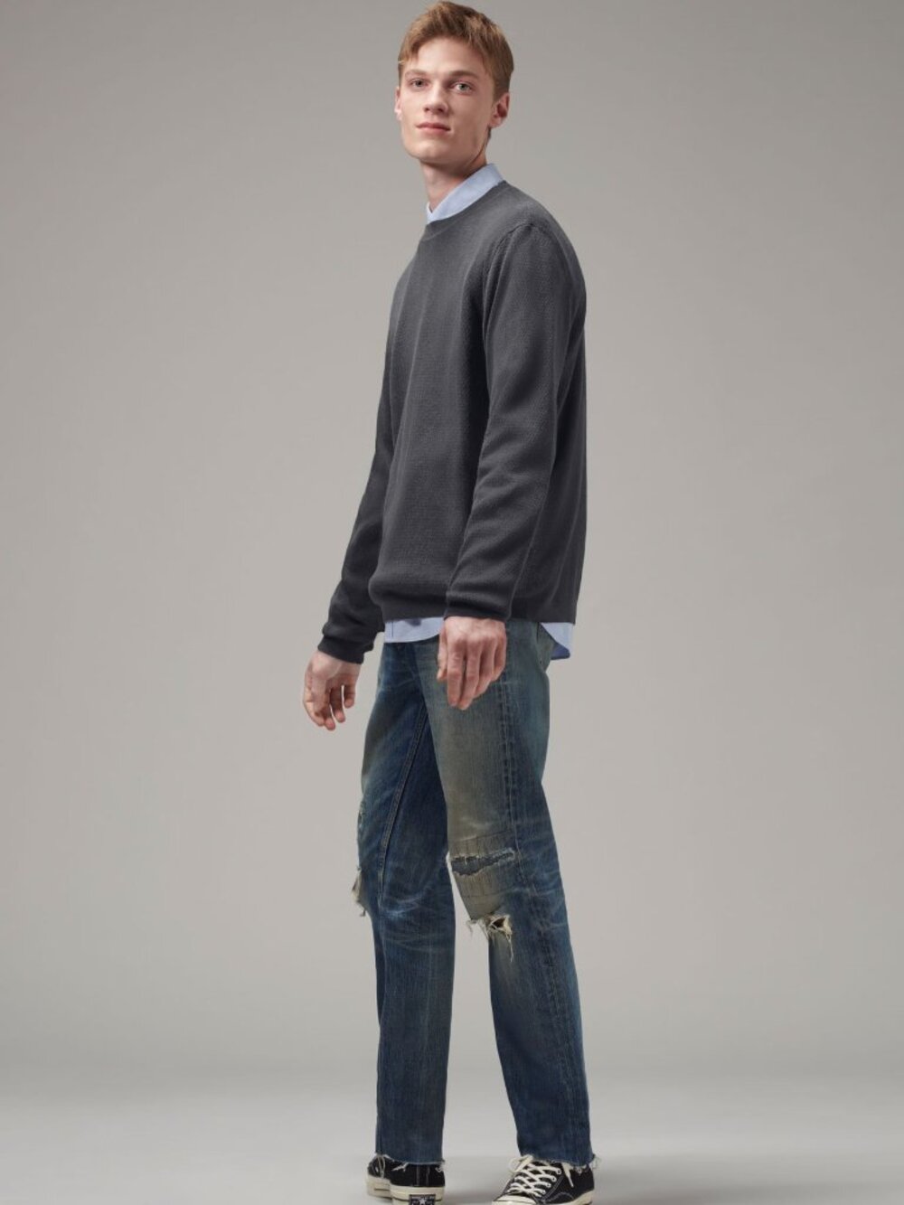 Men's Knit Crewneck Sweater Dark Grey (MYK-002) - Picture 4 of 5